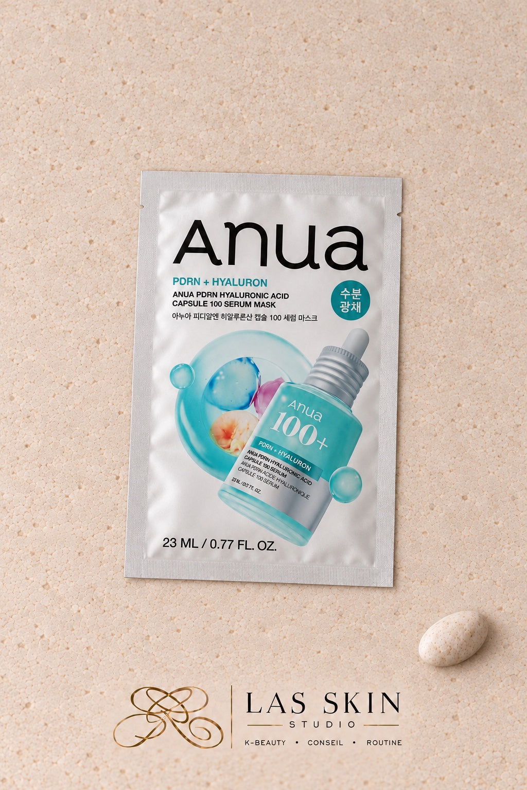 Masque Anua PDRN 23 ml sur fond beige, visuel Las Skin Studio