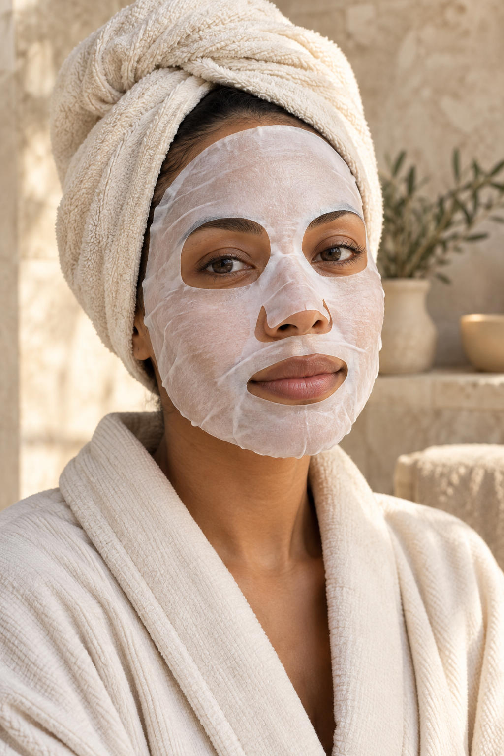 Visuel d’ambiance créé : femme portant un masque visage en tissu dans un cadre beige